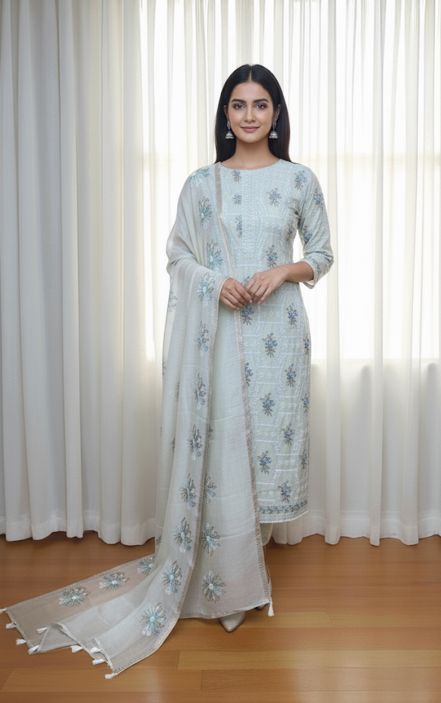 Mulmul Chanderi Thread Embroidery Suit With Dupatta