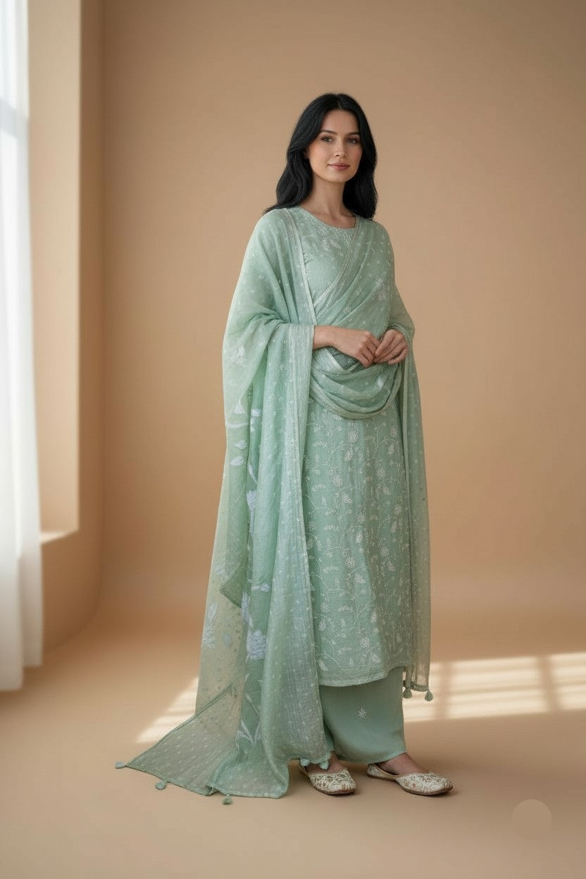 Yellow Pure Mulmul Chanderi Jaal Thread Embroidery with Bandani Applique Dupatta