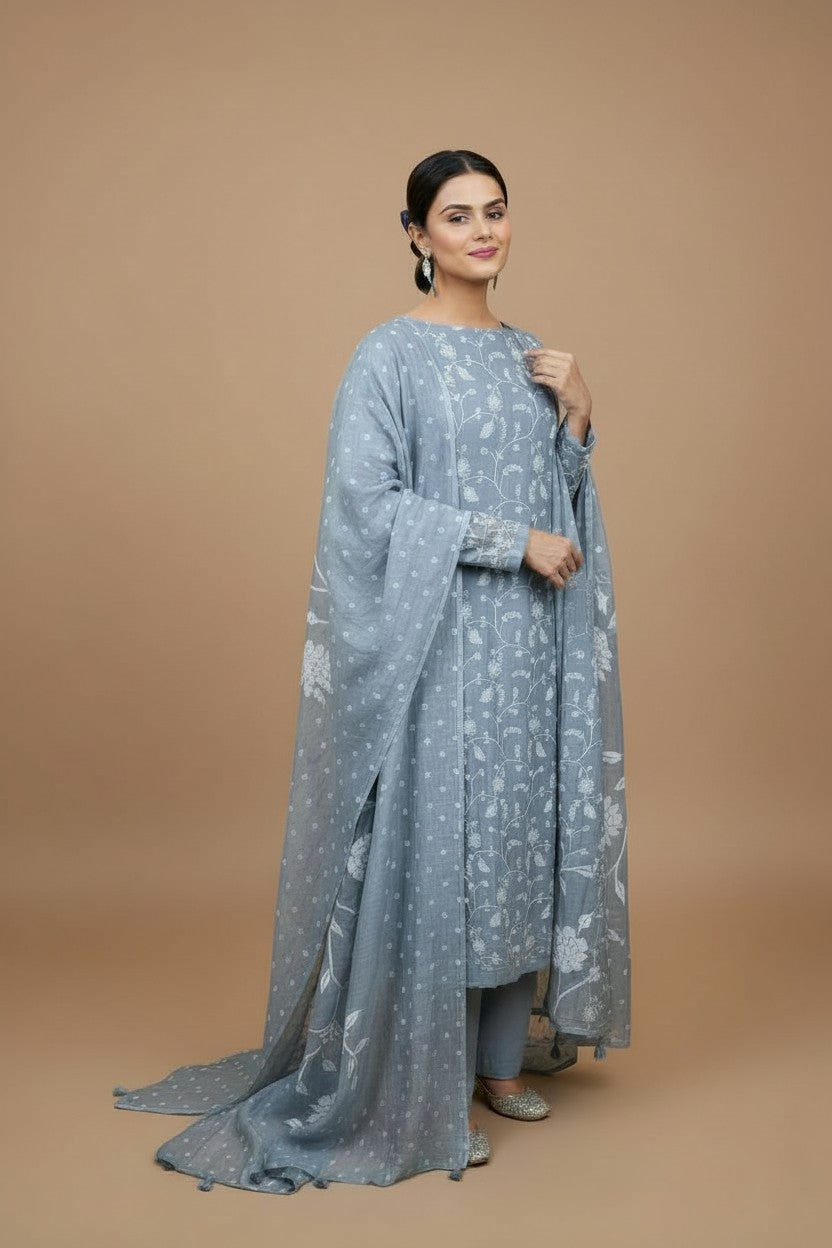 Yellow Pure Mulmul Chanderi Jaal Thread Embroidery with Bandani Applique Dupatta