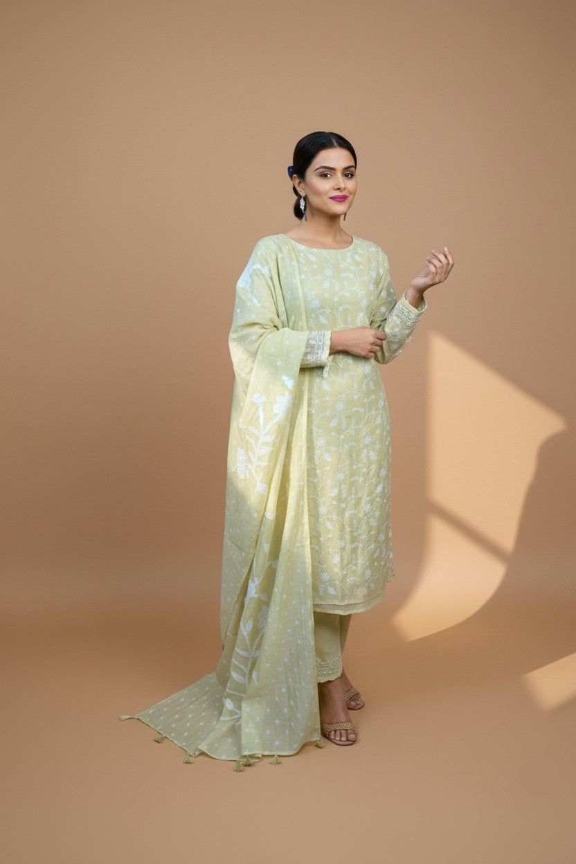 Yellow Pure Mulmul Chanderi Jaal Thread Embroidery with Bandani Applique Dupatta