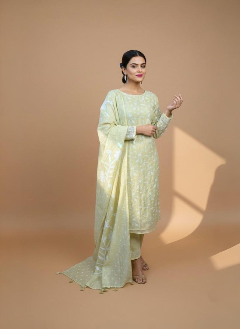 Yellow Pure Mulmul Chanderi Jaal Thread Embroidery with Bandani Applique Dupatta